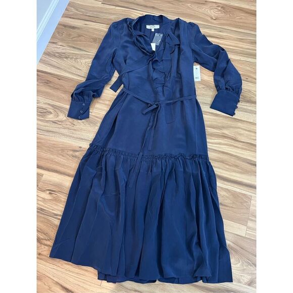 Joie NWT Roussel Ruched Ruffle-Trim Silk Navy Blue Midi Dress Sz S - Picture 9 of 9